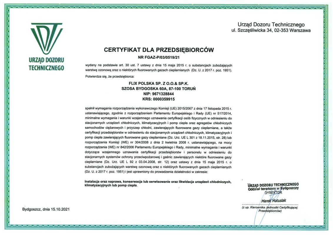 Certyfikat Urząd Dozoru Technicznego